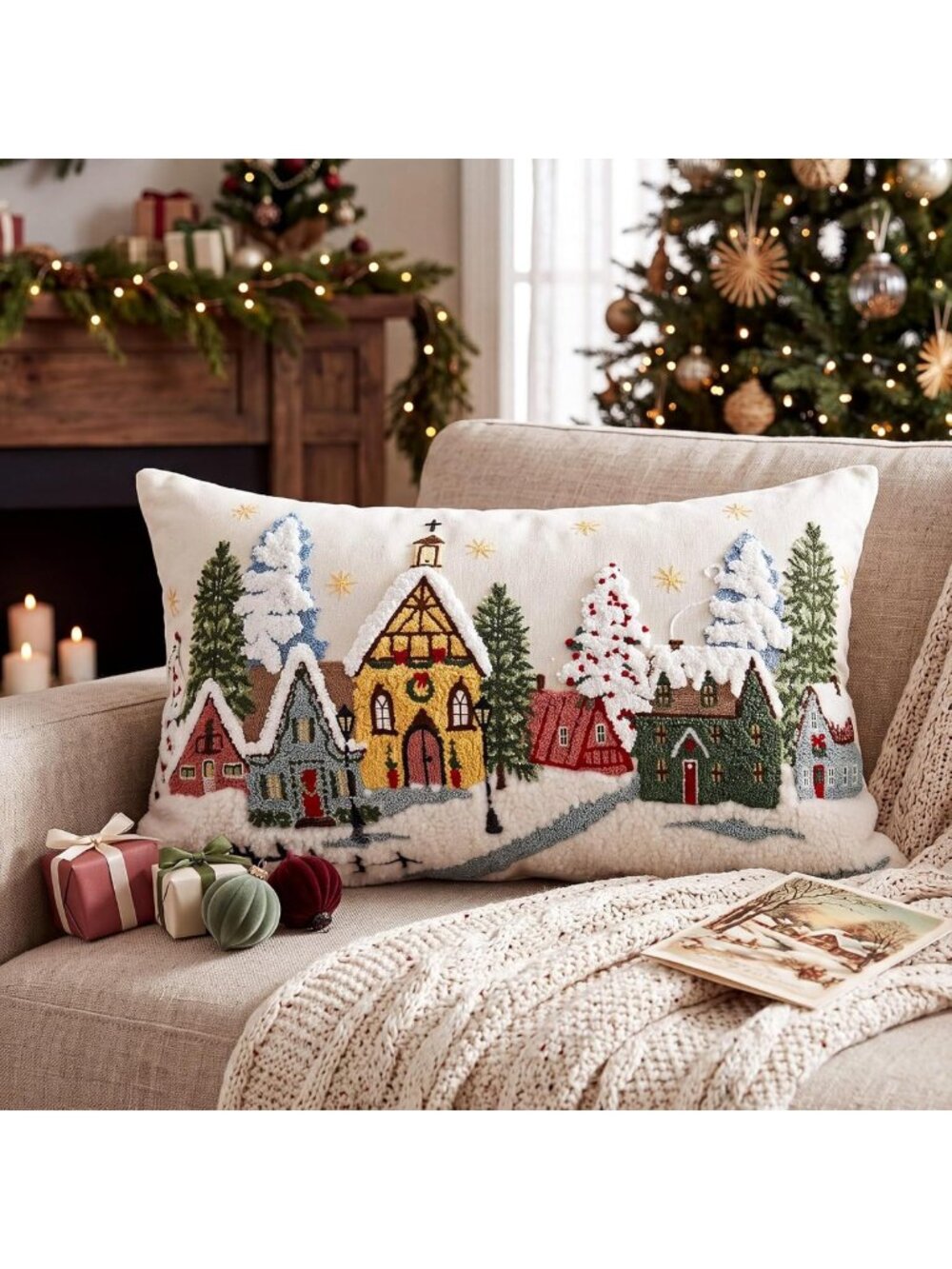 Cozy Christmas Village Pillow Covers 12x20 | Chenille Snowy Scene & Tree Decor